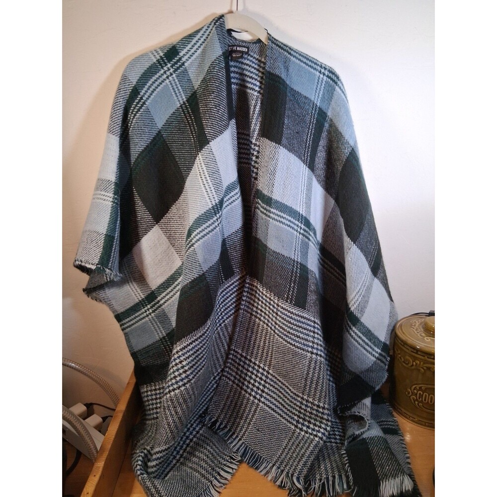 Steve Madden Navy Ruana Double Plaid OS - Reversible Cape Shawl Poncho